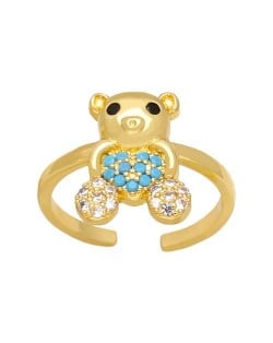 Popular Sweet Cute Bear Heart Design Cubic Zirconia Women Open-end Copper Ring - Blue