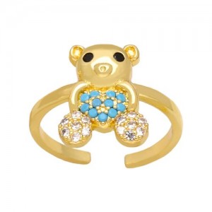 Popular Sweet Cute Bear Heart Design Cubic Zirconia Women Open-end Copper Ring - Blue