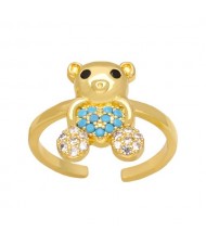 Popular Sweet Cute Bear Heart Design Cubic Zirconia Women Open-end Copper Ring - Blue