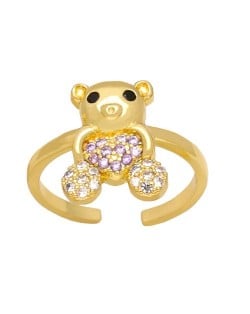 Popular Sweet Cute Bear Heart Design Cubic Zirconia Women Open-end Copper Ring - Pink