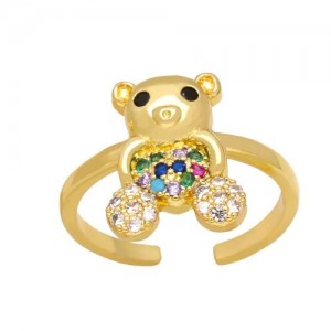 Popular Sweet Cute Bear Heart Design Cubic Zirconia Women Open-end Copper Ring - Multicolor