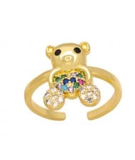 Popular Sweet Cute Bear Heart Design Cubic Zirconia Women Open-end Copper Ring - Multicolor