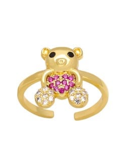 Popular Sweet Cute Bear Heart Design Cubic Zirconia Women Open-end Copper Ring - Rose