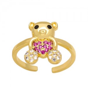 Popular Sweet Cute Bear Heart Design Cubic Zirconia Women Open-end Copper Ring - Rose