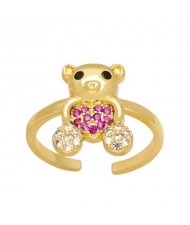 Popular Sweet Cute Bear Heart Design Cubic Zirconia Women Open-end Copper Ring - Rose