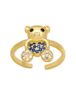 Popular Sweet Cute Bear Heart Design Cubic Zirconia Women Open-end Copper Ring - Royal Blue