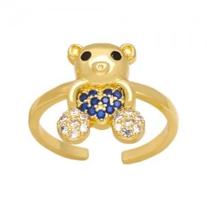 Popular Sweet Cute Bear Heart Design Cubic Zirconia Women Open-end Copper Ring - Royal Blue
