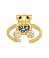Popular Sweet Cute Bear Heart Design Cubic Zirconia Women Open-end Copper Ring - Royal Blue