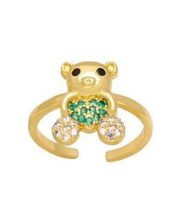 Popular Sweet Cute Bear Heart Design Cubic Zirconia Women Open-end Copper Ring - Green