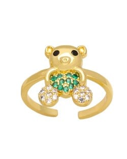 Popular Sweet Cute Bear Heart Design Cubic Zirconia Women Open-end Copper Ring - Green