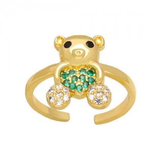 Popular Sweet Cute Bear Heart Design Cubic Zirconia Women Open-end Copper Ring - Green