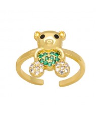 Popular Sweet Cute Bear Heart Design Cubic Zirconia Women Open-end Copper Ring - Green