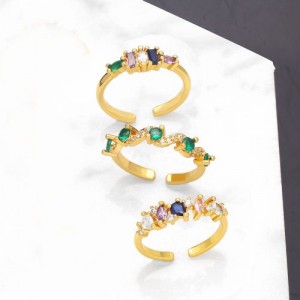 (3 Options) 1 Piece Popular Colorful Cubic Zirconia Irregular Design Women Open-end Copper Ring