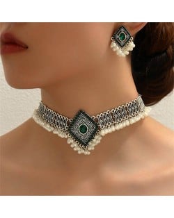Hawaiian Beach Fashion Rhombus Design Beads Tassel Wholesale Statement Necklace and Earrings Set - Green