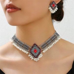 Hawaiian Beach Fashion Rhombus Design Beads Tassel Wholesale Statement Necklace and Earrings Set - Red