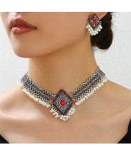 Hawaiian Beach Fashion Rhombus Design Beads Tassel Wholesale Statement Necklace and Earrings Set - Red