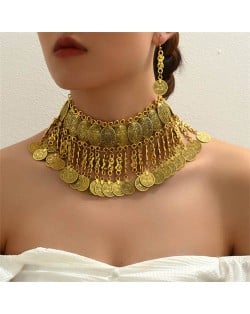 Vintage Fashion Coins Tassel Design Wholesale Statement Necklace and Earrings Set - Golden
