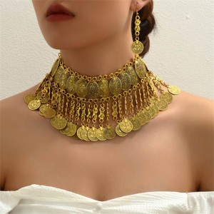 Vintage Fashion Coins Tassel Design Wholesale Statement Necklace and Earrings Set - Golden