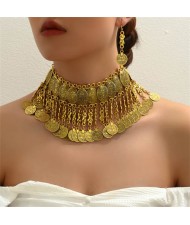 Vintage Fashion Coins Tassel Design Wholesale Statement Necklace and Earrings Set - Golden