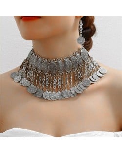 Vintage Fashion Coins Tassel Design Wholesale Statement Necklace and Earrings Set - Silver