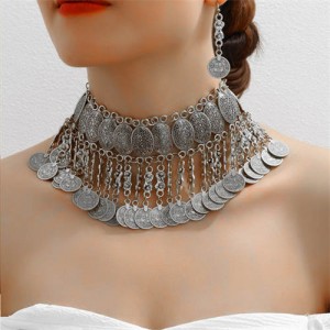 Vintage Fashion Coins Tassel Design Wholesale Statement Necklace and Earrings Set - Silver