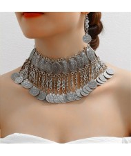 Vintage Fashion Coins Tassel Design Wholesale Statement Necklace and Earrings Set - Silver
