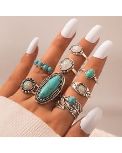 Vintage Blue Turquoise Drop Wing Multi-element Combo 8 Pcs Wholesale Ring Set