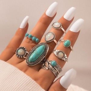 Vintage Blue Turquoise Drop Wing Multi-element Combo 8 Pcs Wholesale Ring Set