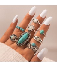 Vintage Blue Turquoise Drop Wing Multi-element Combo 8 Pcs Wholesale Ring Set