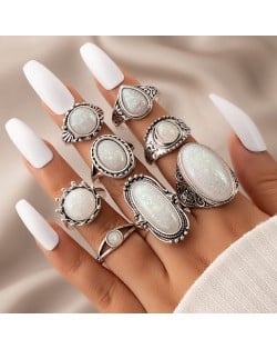 Vintage Carved Pattern Oval and Round Opal 8 Pcs Wholesale Ring Set - White