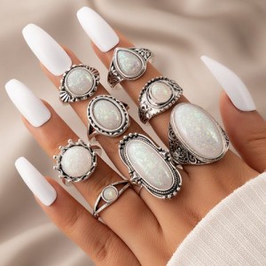 Vintage Carved Pattern Oval and Round Opal 8 Pcs Wholesale Ring Set - White