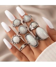 Vintage Carved Pattern Oval and Round Opal 8 Pcs Wholesale Ring Set - White