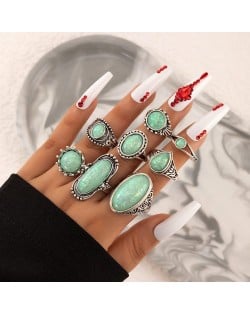 Vintage Carved Pattern Oval and Round Opal 8 Pcs Wholesale Ring Set - Green