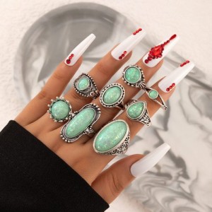 Vintage Carved Pattern Oval and Round Opal 8 Pcs Wholesale Ring Set - Green