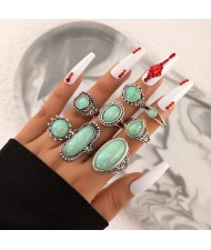 Vintage Carved Pattern Oval and Round Opal 8 Pcs Wholesale Ring Set - Green