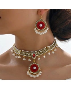 Vintage Shining Flower Pendant Tassel Design Wholesale Costume Necklace and Earrings Set - Red