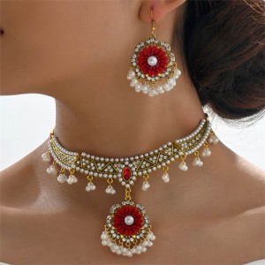 Vintage Shining Flower Pendant Tassel Design Wholesale Costume Necklace and Earrings Set - Red