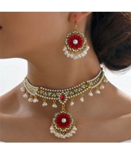 Vintage Shining Flower Pendant Tassel Design Wholesale Costume Necklace and Earrings Set - Red