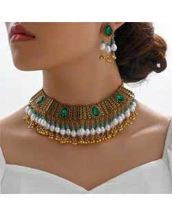 Vintage Green Gems Inlaid Pearl Tassel Wholesale Fashion Necklace and Earrings Set