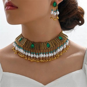 Vintage Green Gems Inlaid Pearl Tassel Wholesale Fashion Necklace and Earrings Set