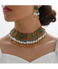 Vintage Green Gems Inlaid Pearl Tassel Wholesale Fashion Necklace and Earrings Set