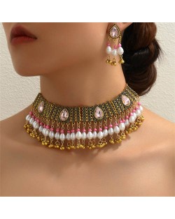 Vintage Pink Gems Inlaid Pearl Tassel Wholesale Fashion Necklace and Earrings Set