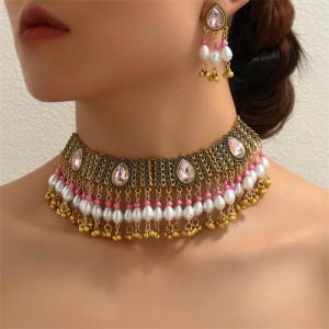Vintage Pink Gems Inlaid Pearl Tassel Wholesale Fashion Necklace and Earrings Set