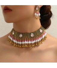 Vintage Pink Gems Inlaid Pearl Tassel Wholesale Fashion Necklace and Earrings Set