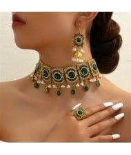 Luxurious Fashion Green Gems Inlaid Pearl Tassel Vintage Wholesale Fashion Necklace and Earrings Set