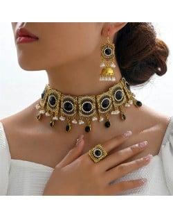 Luxurious Fashion Black Gems Inlaid Pearl Tassel Vintage Wholesale Fashion Necklace and Earrings Set