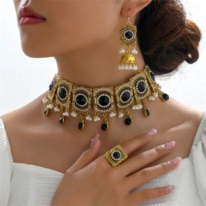 Luxurious Fashion Black Gems Inlaid Pearl Tassel Vintage Wholesale Fashion Necklace and Earrings Set