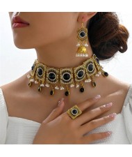 Luxurious Fashion Black Gems Inlaid Pearl Tassel Vintage Wholesale Fashion Necklace and Earrings Set