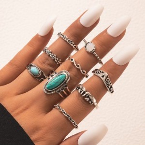 Vintage Silver Color Blue Turquoise and Mini Flower Combo 9 Pcs Wholesale Ring Set