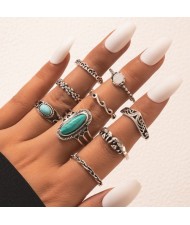 Vintage Silver Color Blue Turquoise and Mini Flower Combo 9 Pcs Wholesale Ring Set